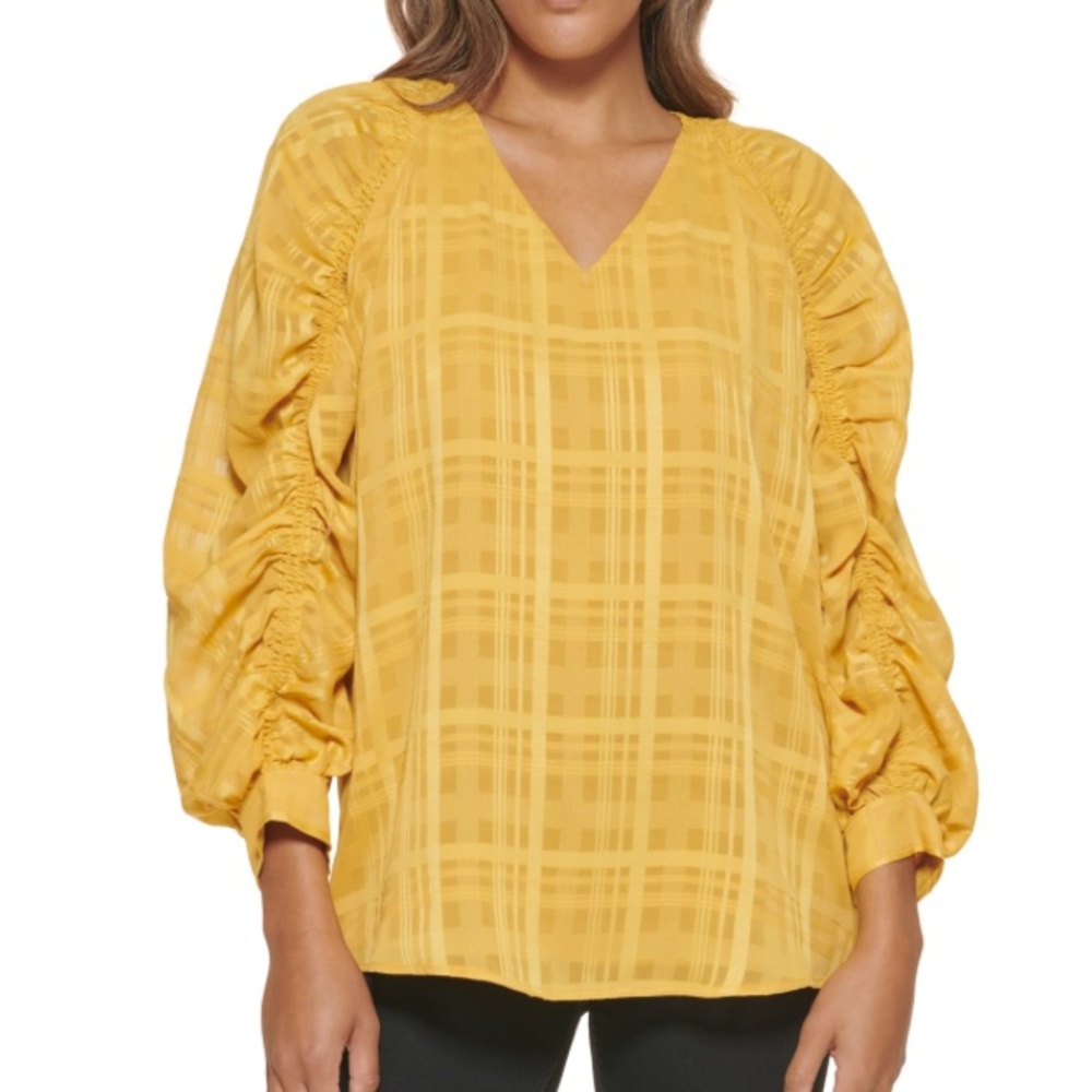 Calvin Klein Women's Sheer Ruched Long Sleeve Top, Ochre, Size: XL